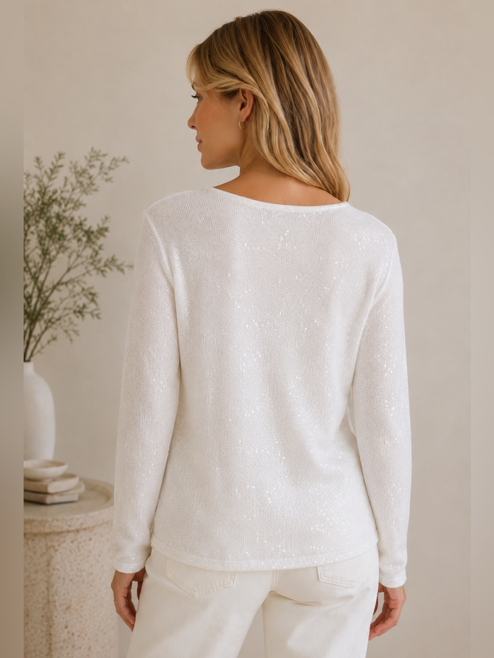 BLACK Saks Fifth Avenue Ivory Sequin Knit Sweater Top S/P - Picture 2 of 8